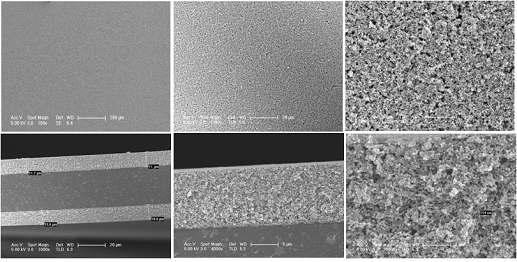 비산도핑계 CCM 제작능력 평가시 제조 셀 촉매층 표면 및 CCM 단면 SEM 사진 [