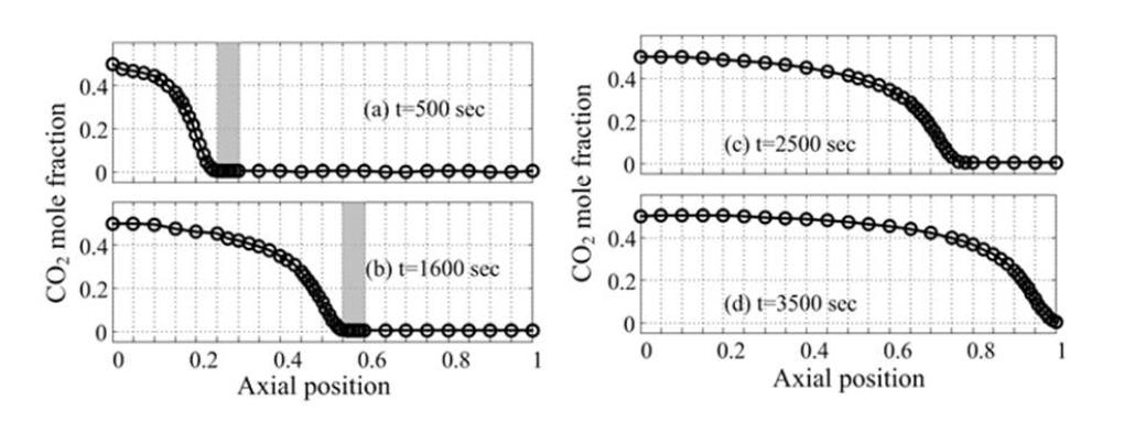 CO2 몰분율(실선)과 선점의 이동(원)구간 시간 6초.