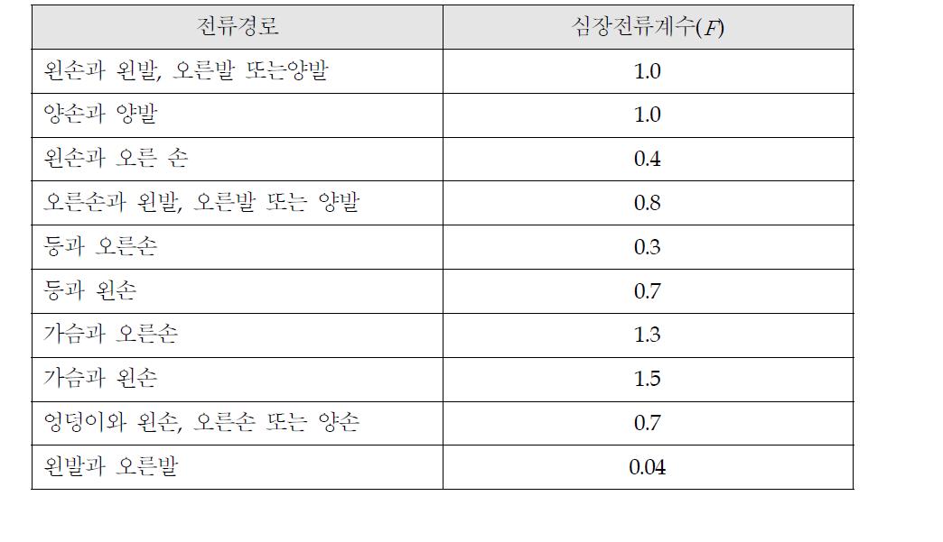 여러 가지 전류경로에 대한 심장전류계수