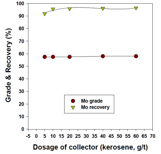 Effect of collector dosage on grade and recovery of molybdenite in multistage grinding process for liberation of rougher concentrate