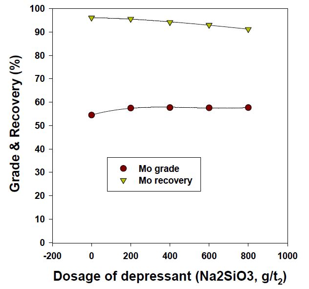 Effect of depressant dosage on grade and recovery of molybdenite in multistage grinding process for liberation of rougher concentrate