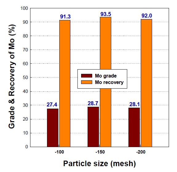 Effect of particle size on Mo grade & recovery of rougher concentrate