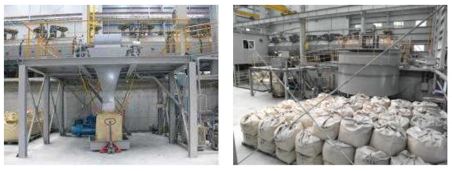 Photo of molybdenite concentrate packing equipment & final products.