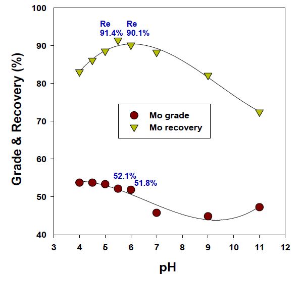 Effect of pH on Mo grade & recovery due to Using recycling water.