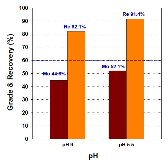 Effect of pH on Mo grade & recovery in feasibility froth flotation