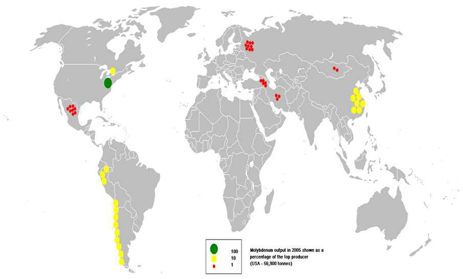 Global distribution of molybdenum output in 2005.