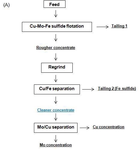 The principle flowsheets for the recovery of Cu and Mo from a porphry Cu-Mo