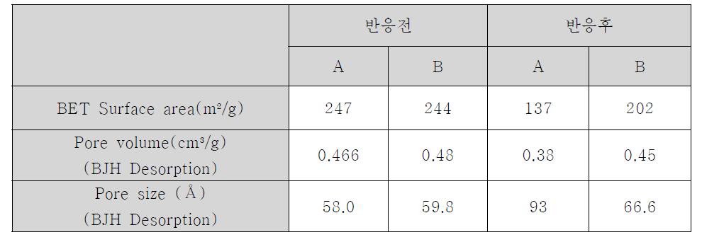 bead type 촉매 A와 고효율/고내구성 촉매 B의 BET 결과