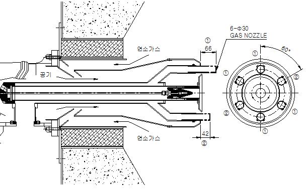 연소가스, 연소용공기 혼합형으로 설계 변경된 버너 도면