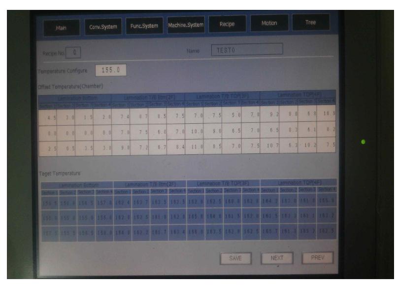 완성된 4단 라미네이션 장비의 OS 소프트웨어 사진 - 각 지점의 Temp. Calibration 현황