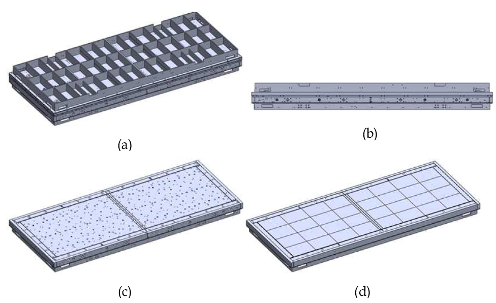 해석을 위하여 사용된 모델 (a) Isometic view(original), (b) Side view, (c) Isometic view(Non-casing), (d) 해석을 위해 간략화 된 모델