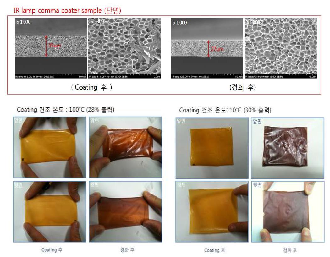 Bench scale comma coater / IR lamp 사용 제막 결과