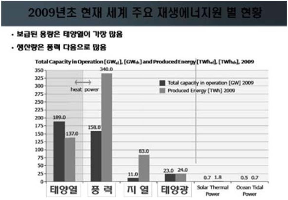 2009년초 세계 주요 재생에너지원 별 현황