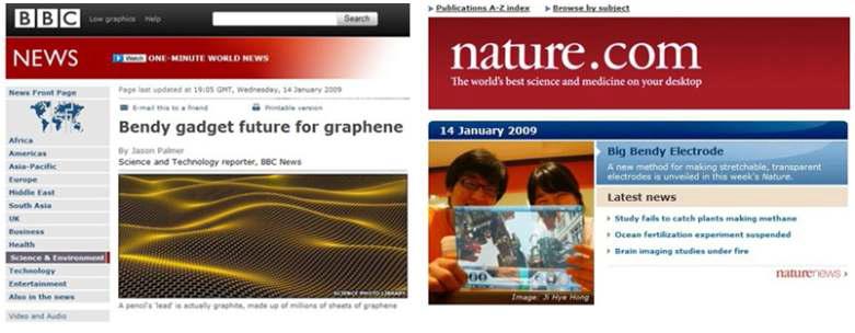 연구팀의 그래핀 기술을 소개한 BBC 뉴스와 네이처 자체 보도자료