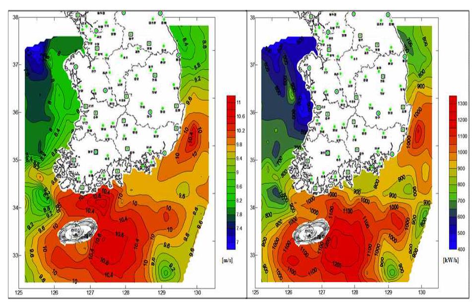 한국 연안에서의 풍속 및 풍력에너지밀도 분포