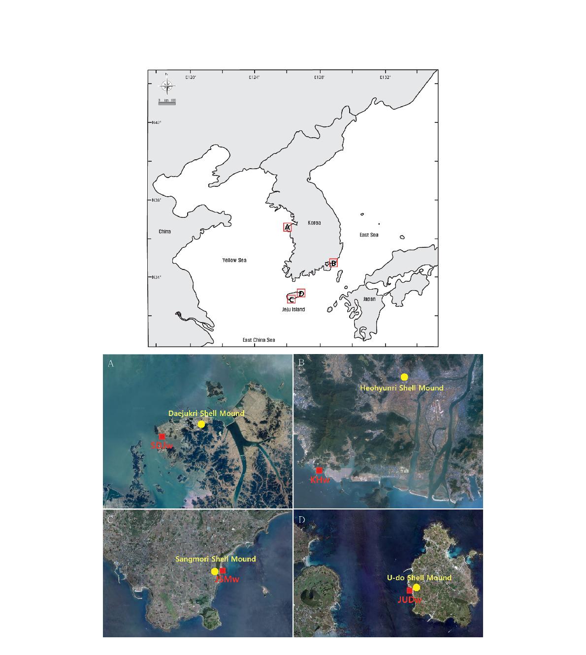 패총분포 지역 및 해수채취 지점. A) 충북 서산 대죽리패총. B) 경