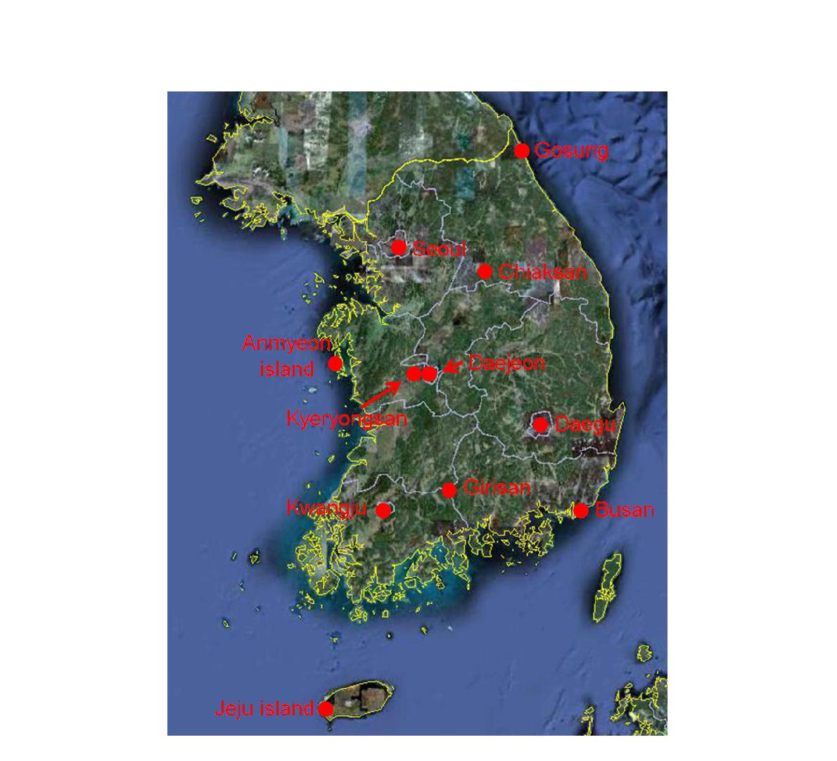 다섯 개 대도시와 청정지역의 시료채집위치.