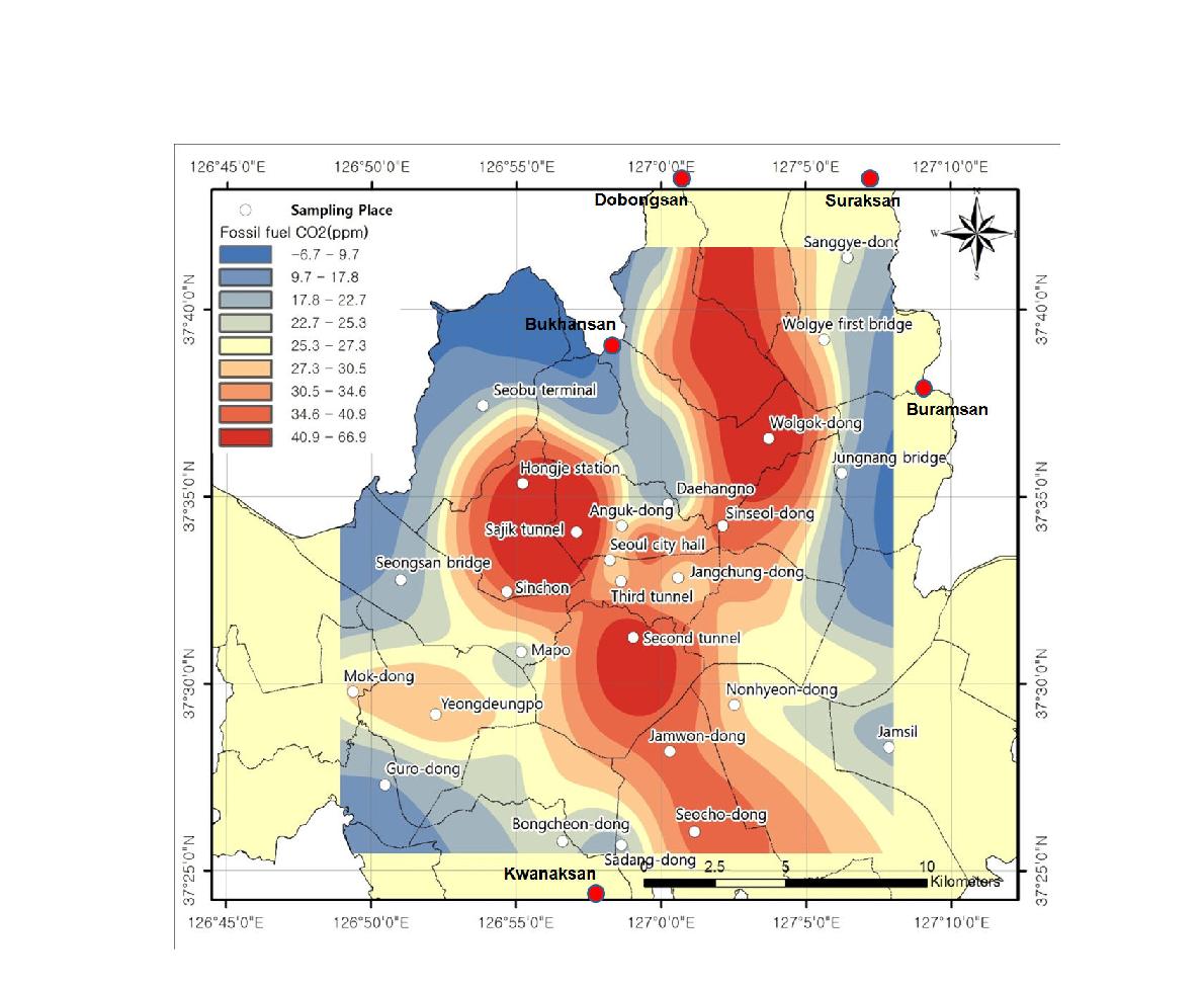 서울의 대기 중 화석연료 기원 CO 의 분포도. 이 분포도는 ESRI’s ArcMap2