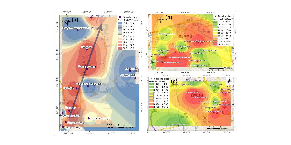 부산(a) 대구(b) 대전(c)의 대기 중 화석연료 기원 CO 분포도.2