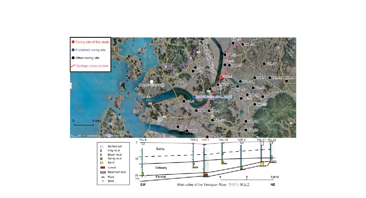 코어시료 채쥐지역인 영산강 하구 주변도 및 단면도. 빨간 원으