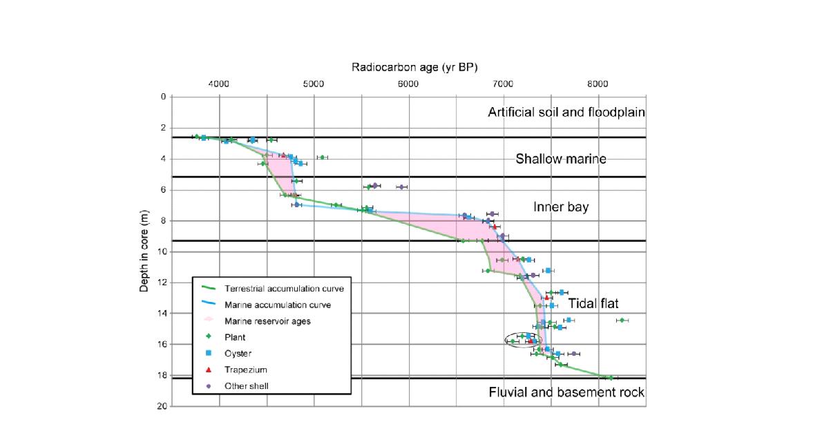 YAR-4 core의 방사성탄소 연대/깊이 다이어그램. 두 개의 퇴적