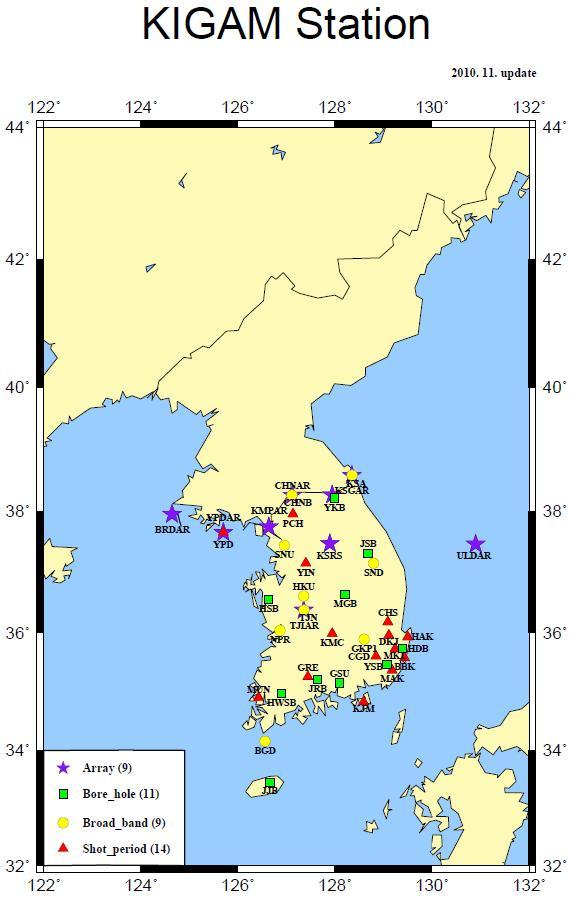 한국지질자원연구원 지진관측소 분포 현황