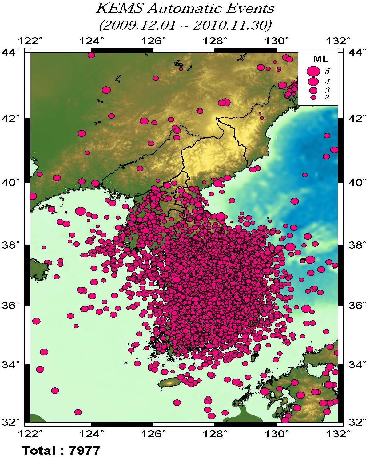 2009.12.1～2010.11.30 기간 동안 자동분석된 한반도 주변 이벤트 분포도