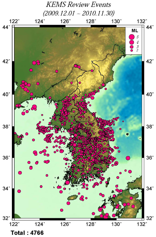 2009.12.1～2010.11.30 기간 동안 전문분석자에 의해 분석된 한반도 주변 이벤트 분포도