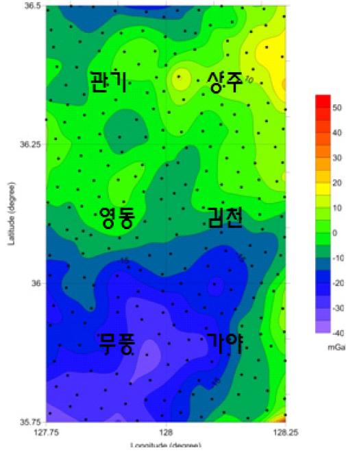 Bouguer Anomaly Map for the southwestern part of the 1:250,000 Andong Sheet (NJ 52-14) (lower than 36.5° N).