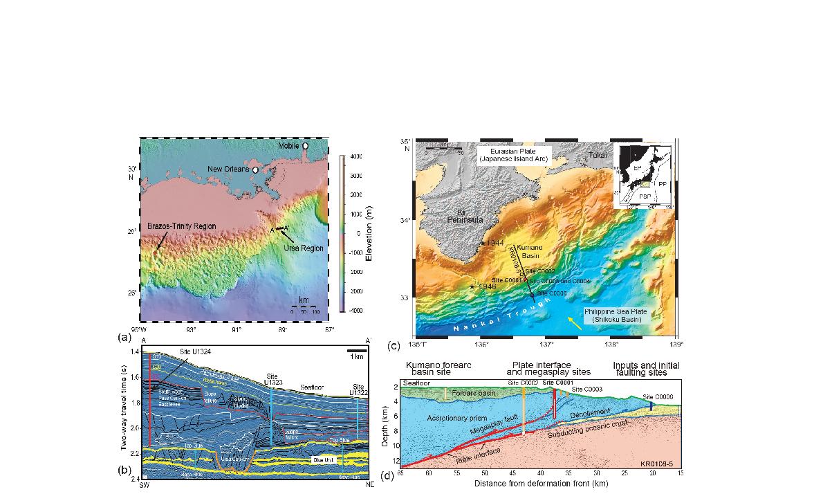 미국 남부 맥시코만에 위치한 어서(Ursa) 퇴적분지의 (a) 해저 지형도 및 (b) 탄성파 단면도, 그리고 일본 서남부의 난카이 해구 지역의 (c) 해저 지