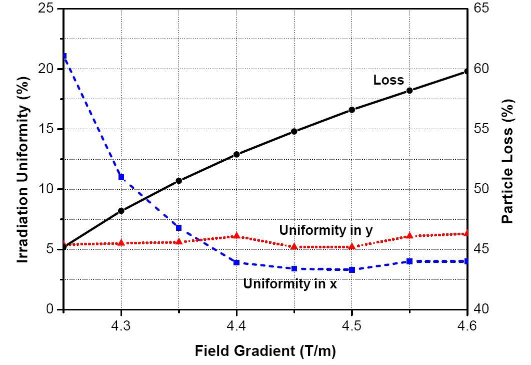 BL103 마지막 사극전자석의 fieldgradient에 따른 입자빔 분포의 균일도.