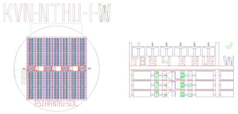 2인치 웨이퍼 lithography를 위한 mixer mask set(좌)와 mask set 내의 믹서 칩의 모습(우)