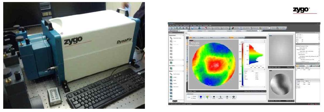 윈도우 광학성능 테스트에 사용된 Zygo DynaFiz 간섭계(좌)와 구동 소프트웨어인 MetroPro X가 실행된 모습(우)