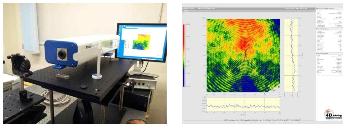 광학성능 실험에 사용된 Phasecam 5030 및 2인치 지름의 평면경(좌)과 WFE 패턴 (우)