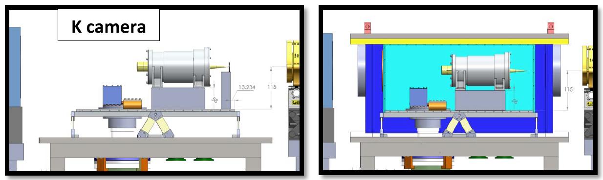 Scheme for interferometer test of K camera. Top figure shows room temperature state. Bottom figure shows 130K state.