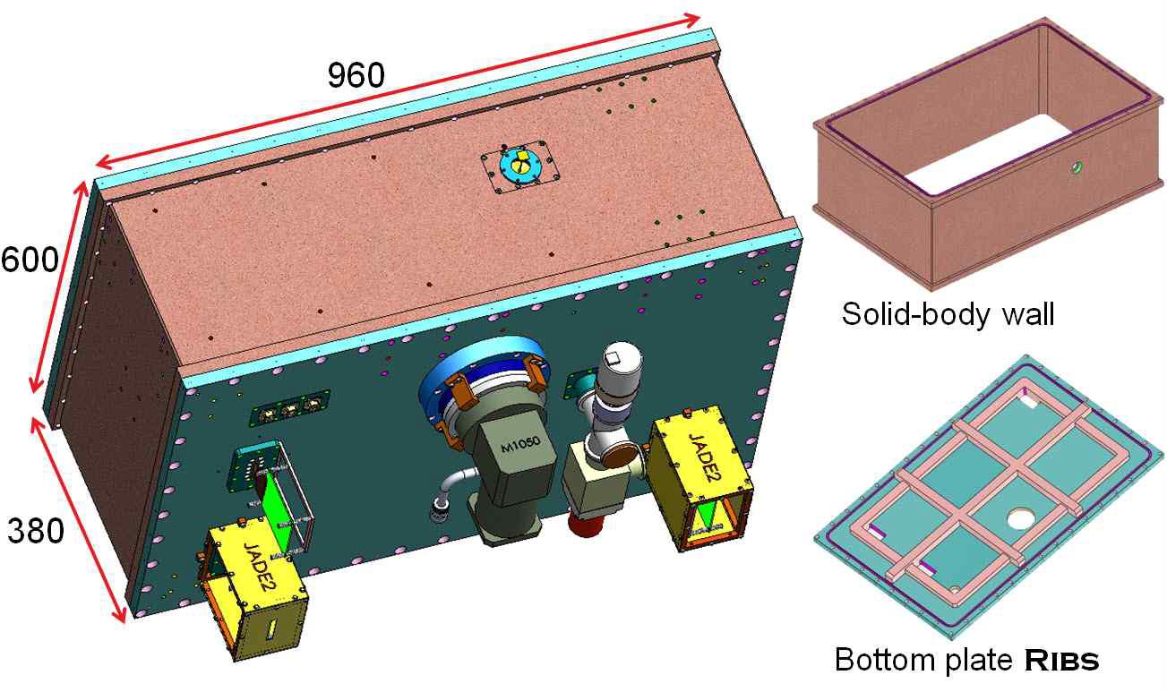 IGRINS 진공챔버의 규격과 바닥면의 갈빗대 및 일체형 측면벽의 구조를 보여주는 SolidWorksⓇ 3D 모델링