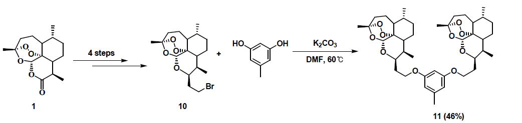 Ether linker를 도입한 디옥소아테미시닌 이합체 합성.