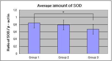 Graphics showing the average amounts (ratio of SOD/β-actin) and standard deviation of SOD level in groups 1, 2 and 3. In the group 3, the levels of SOD were significantly decreased as compared to group 1 (p<0.05).