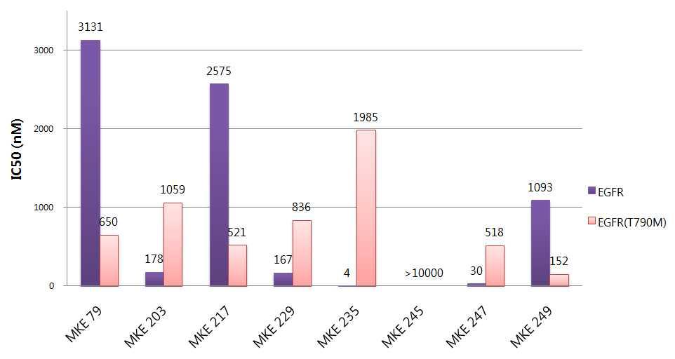 선별된 화합물들의 EGFR과 EGFR(T790M)에 대한 IC50 값