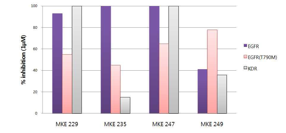선별된 합성 화합물들의 EGFR/mtEGFR/KDR에 대한 활성 (at 1 uM)