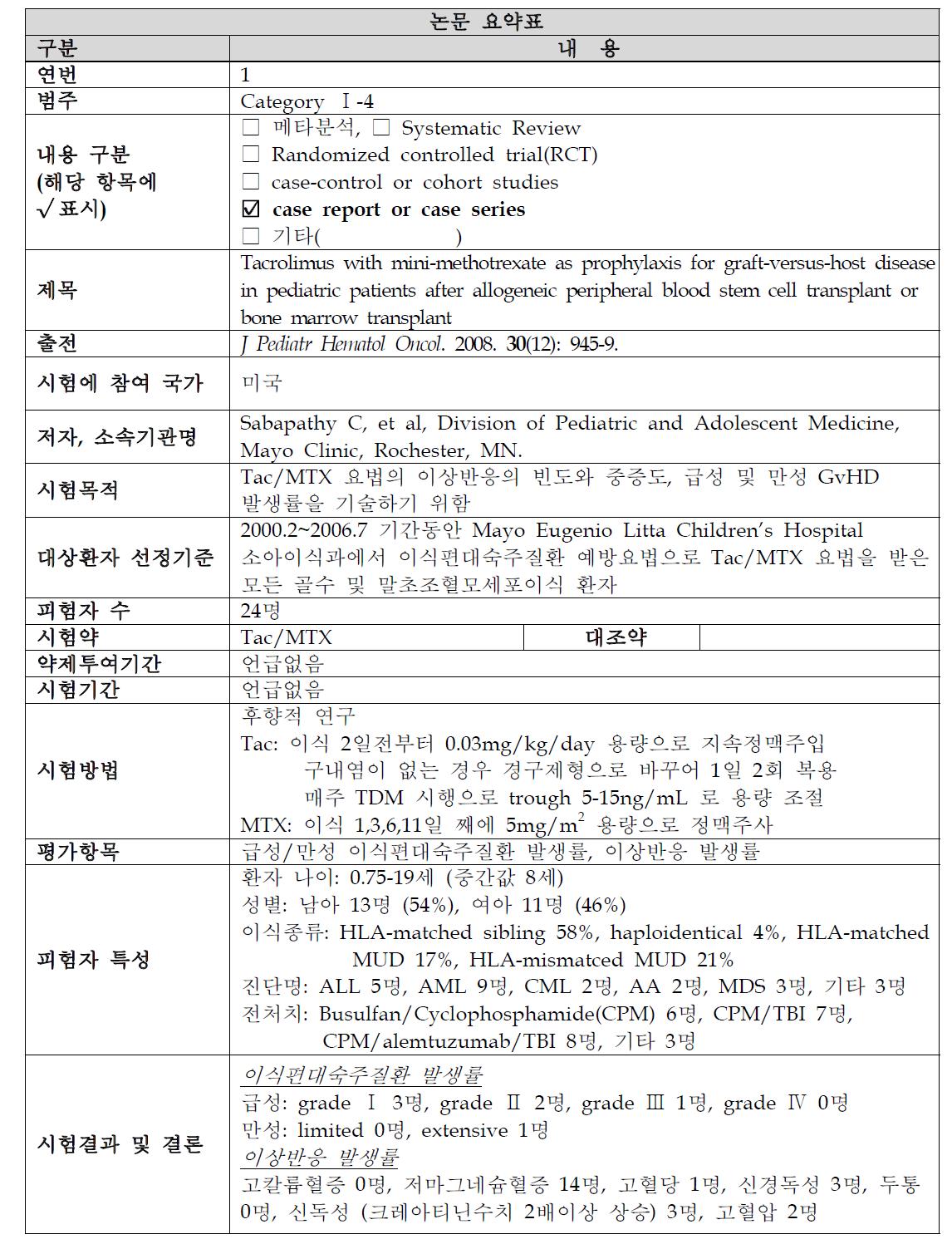 Tac/MTX 요법의 소아 사용에 관한 논문 1 요약표