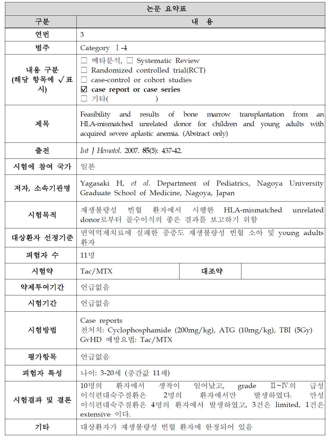 Tac/MTX 요법의 소아 사용에 관한 논문 3 요약표