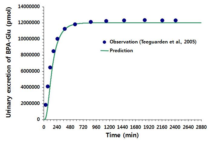 Teeguarden et al.(2005)에서의 실험값 (이전 연구에서의 결과)과 우리가 시뮬레이션 한 결과를 비교한 그래프
