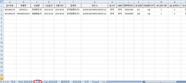 건강기능식품 DB의 데이터 입력 체계 엑셀파일 중 “수입“ 시트