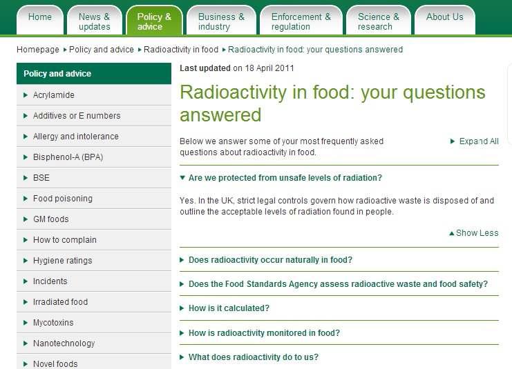 영국 FSA에서 제공하는 방사능 오염식품에 대한 Q&A 내용