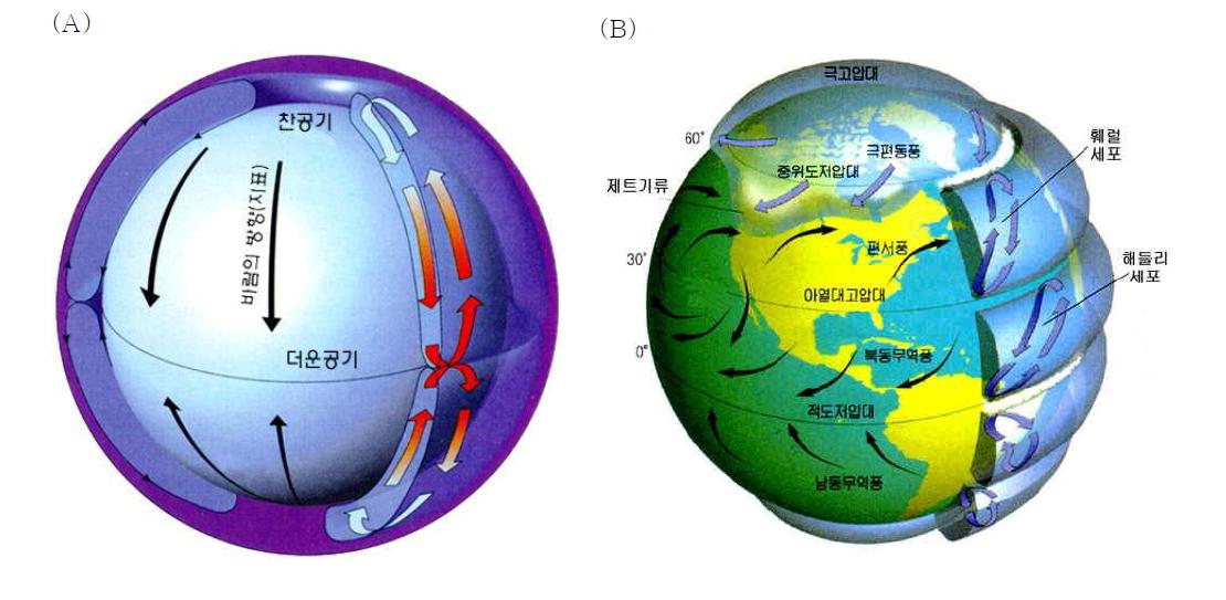 위도 차에 의한 기류(A )와 지구 대순환의 모식도(B)