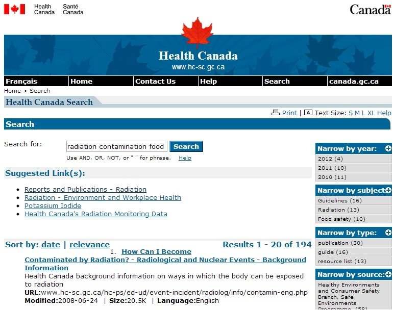 캐나다 HC에서의 키워드 ‘Radiation Contamination Food’ 검색결과