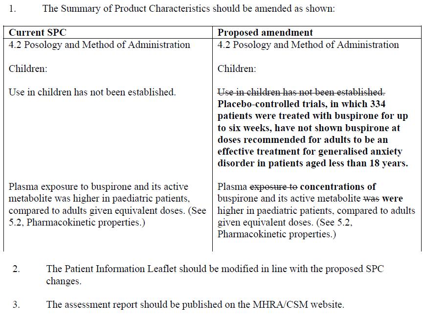 소아대상 임상시험 결과 평가에 따른 약물정보 변경 권고의 예 (buspirone)