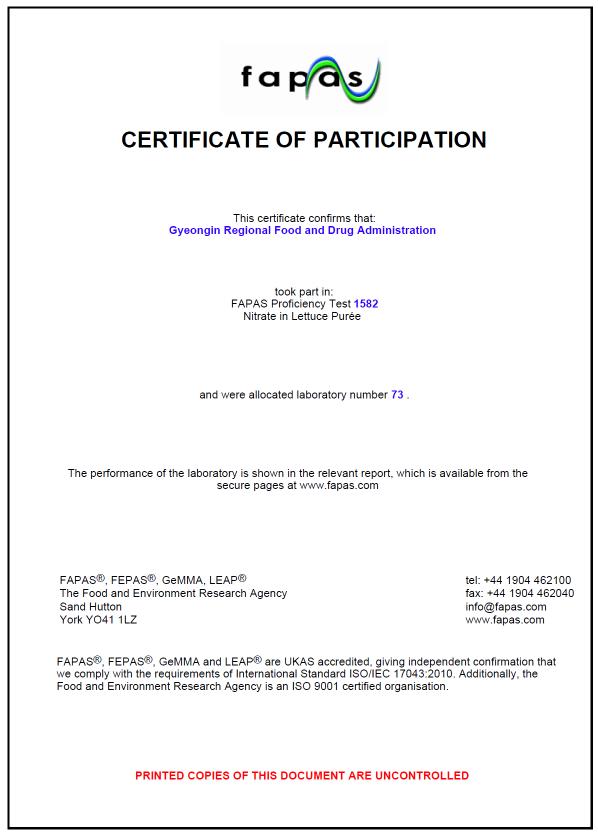 A certificate of participation in FAPAS proficiency test.