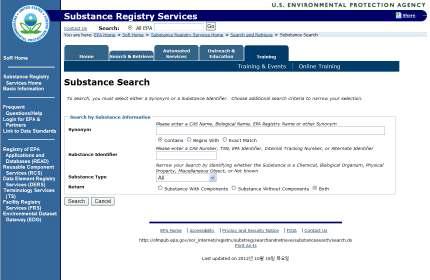 「미국 Environmental Protection Agency」의 Substance Registry Service 메인화면